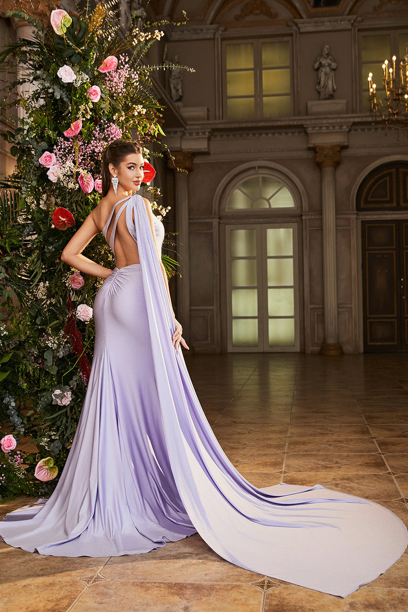 Load image into Gallery viewer, Mermaid Lilac One Shoulder Beaded Long Prom Dress with Slit