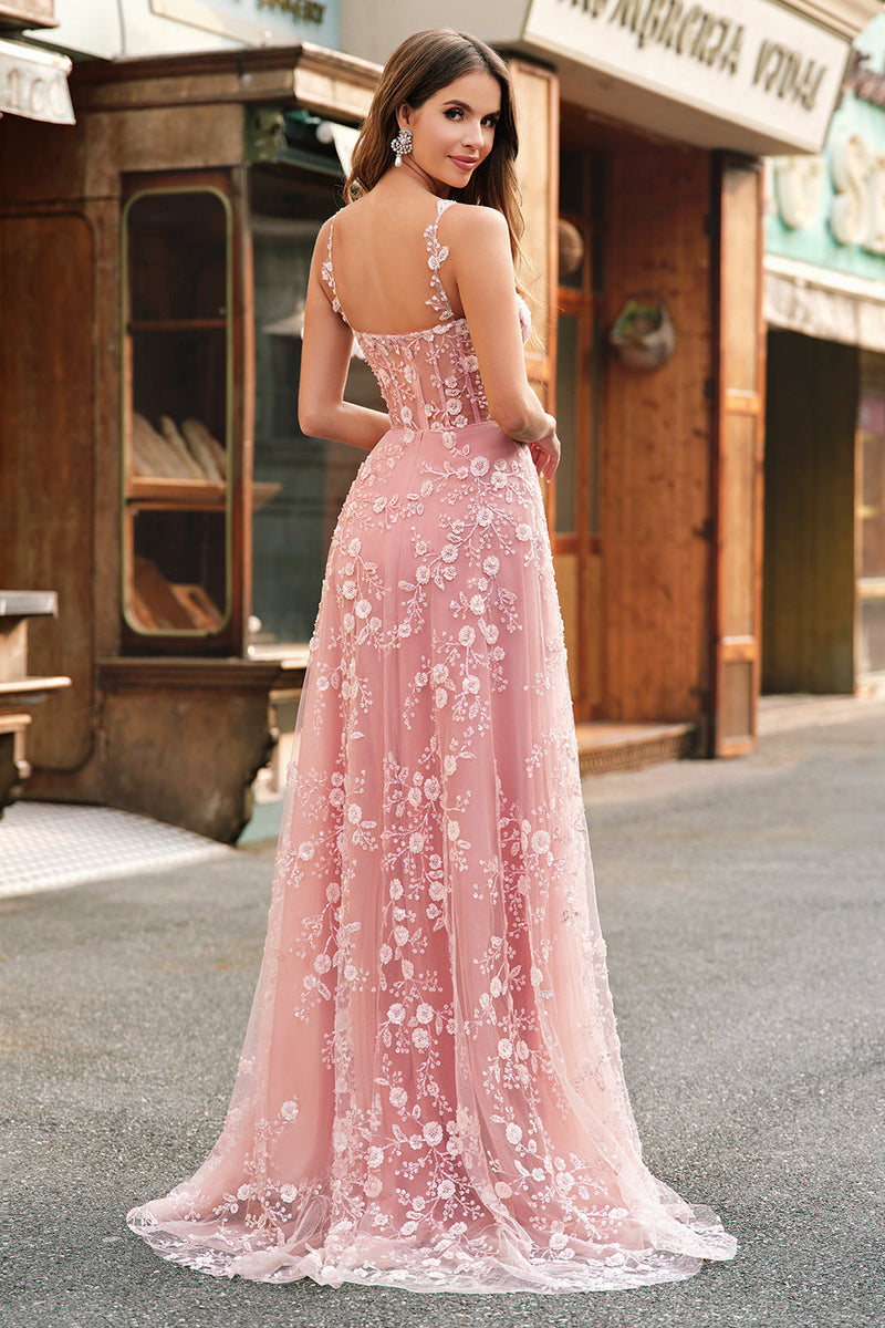 Load image into Gallery viewer, Sparkly Blush A Line Spaghetti Straps Sequin Corset Prom Dress With Slit