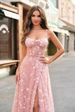 A Line Blush Spaghetti Straps Sequin Corset Prom Dress With Slit