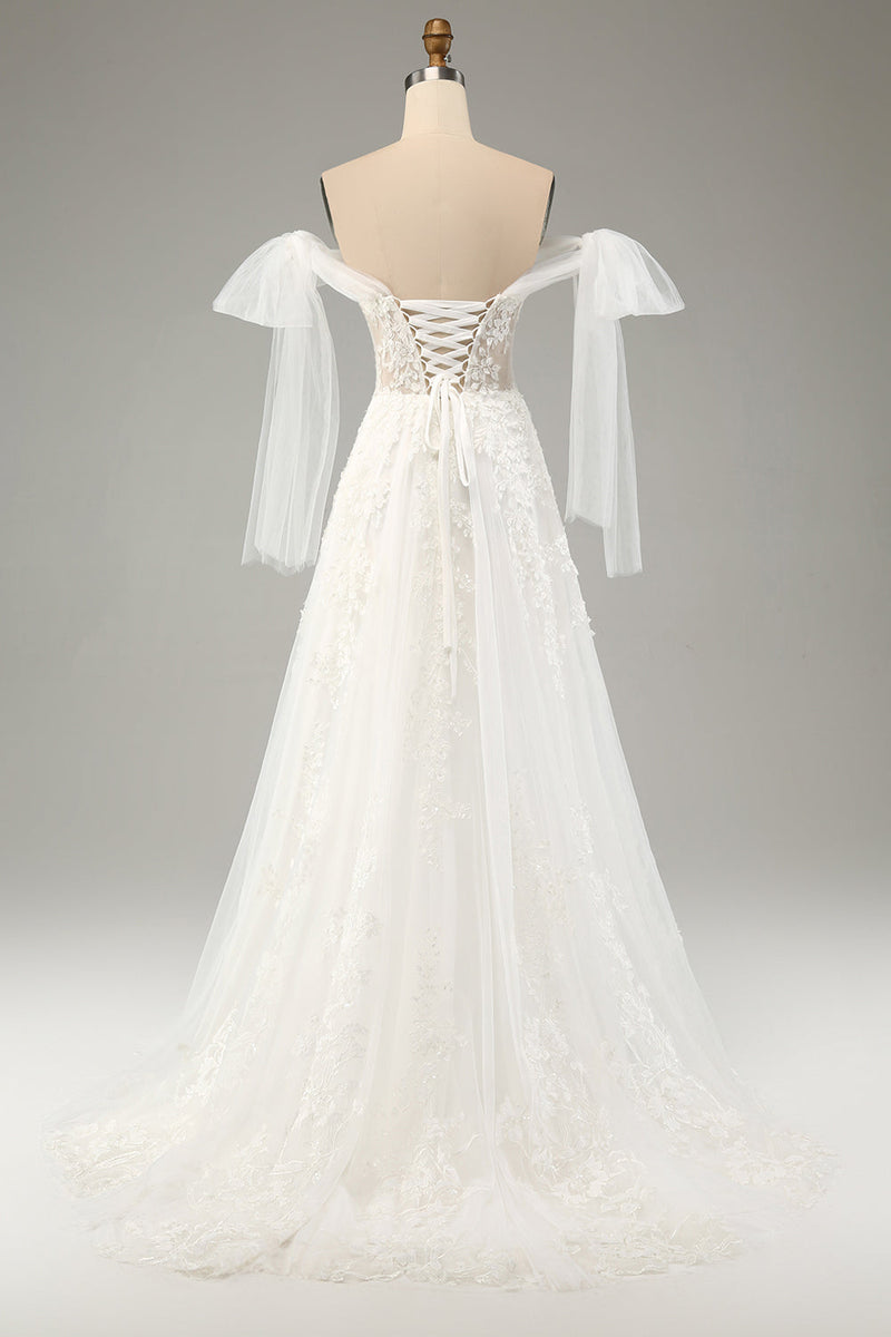 Load image into Gallery viewer, Princess White A-Line Lace Up Tulle Corset Bridal Dress with Appliques Lace