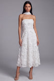 Blue Strapless A-Line Appliqued Midi Floral Dress with Neck Scarf