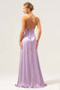 Load image into Gallery viewer, Dusty Blue A Line Spaghetti Straps Backless Satin Long Bridesmaid Dress with Slit