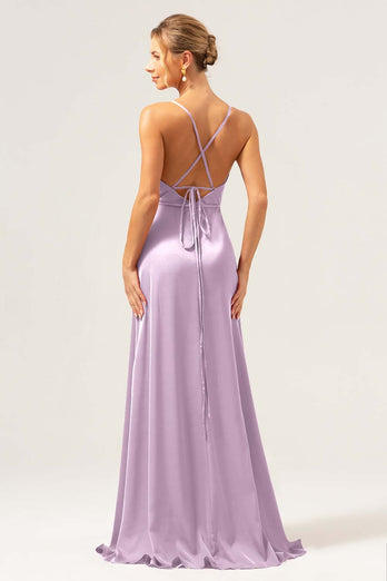 Dusty Blue A Line Spaghetti Straps Backless Satin Long Bridesmaid Dress with Slit