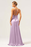 Dusty Blue A Line Spaghetti Straps Backless Satin Long Bridesmaid Dress with Slit