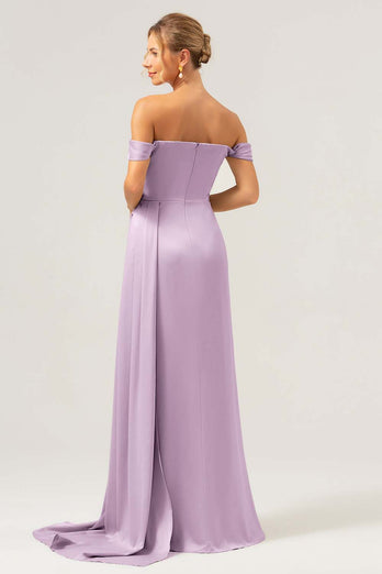 Sage Mermaid Off The Shoulder Pleated Satin Bridesmaid Dress with Slit