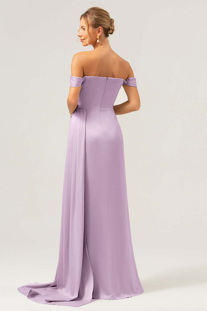 Load image into Gallery viewer, Sage Mermaid Off The Shoulder Pleated Satin Bridesmaid Dress with Slit