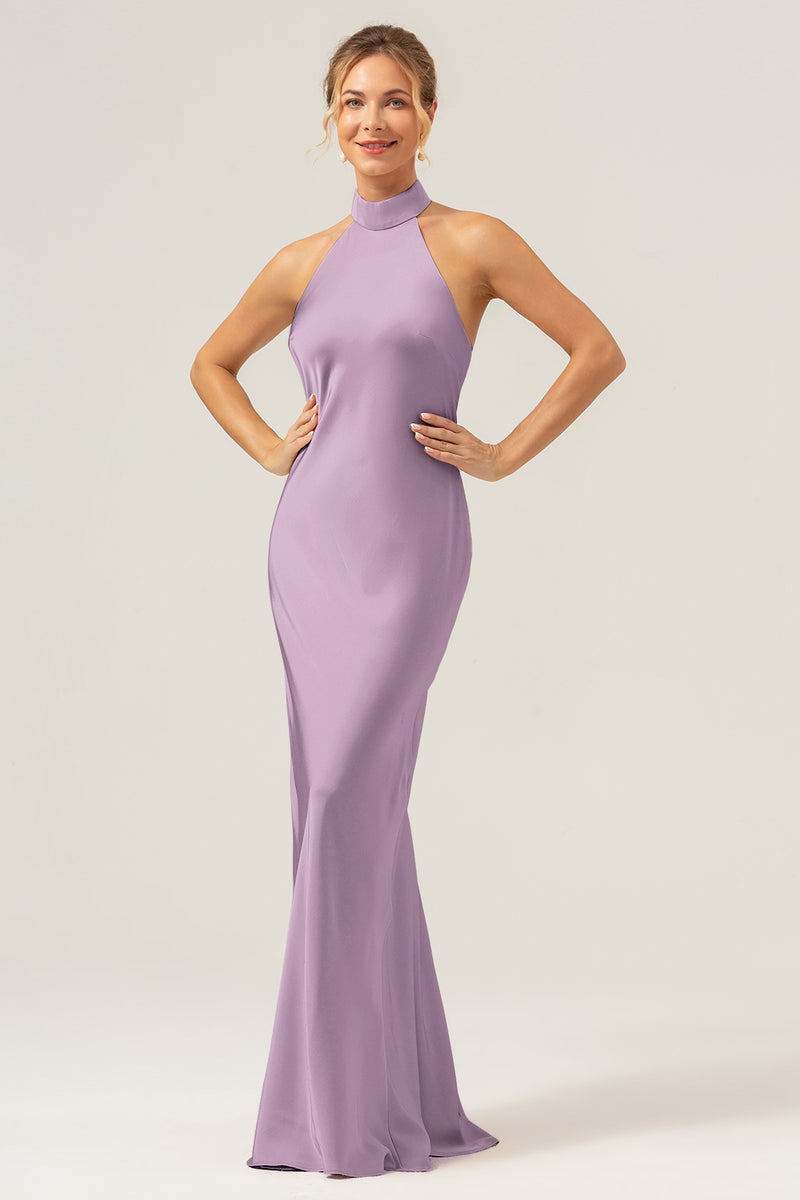 Load image into Gallery viewer, Champagne Sheath Halter Long Bridesmaid Dress With Slit