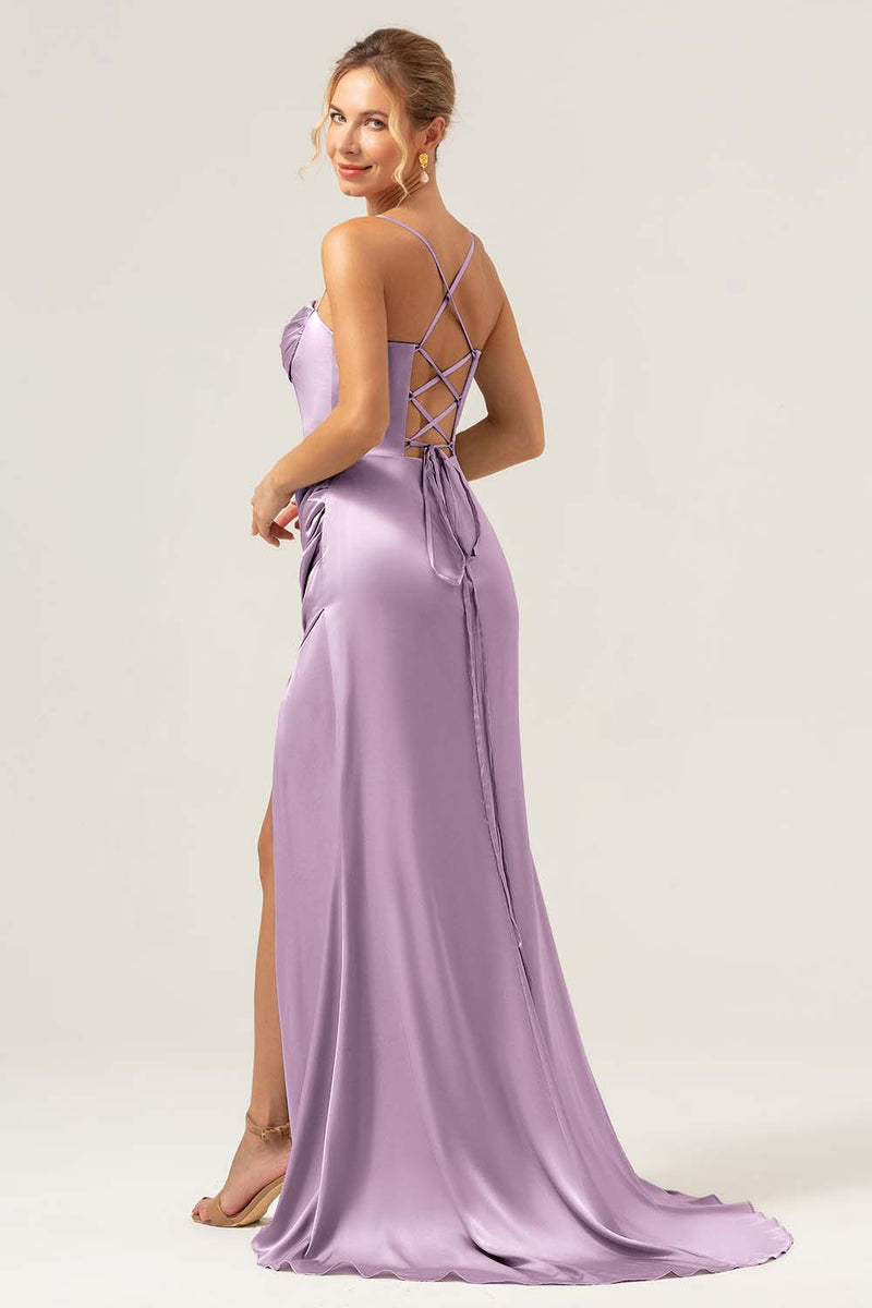 Load image into Gallery viewer, Martini Mermaid Spaghetti Straps Corset Satin Bridesmaid Dress with Slit