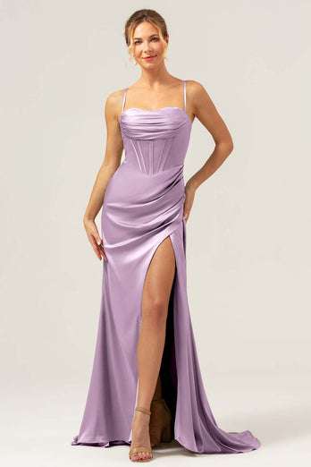 Martini Mermaid Spaghetti Straps Corset Satin Bridesmaid Dress with Slit