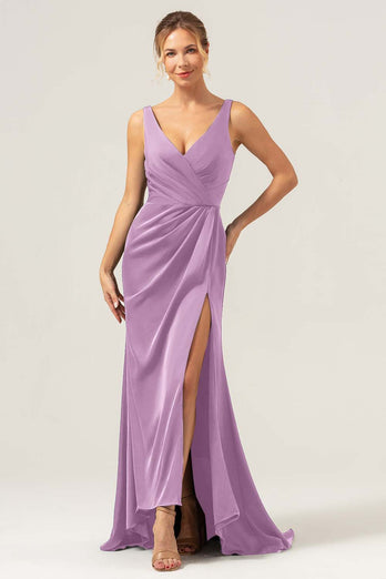 Dark Green Sheath V Neck Ruched High-Low Bridesmaid Dress with Slit