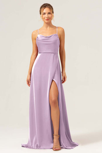 Dusty Blue A Line Spaghetti Straps Backless Satin Long Bridesmaid Dress with Slit