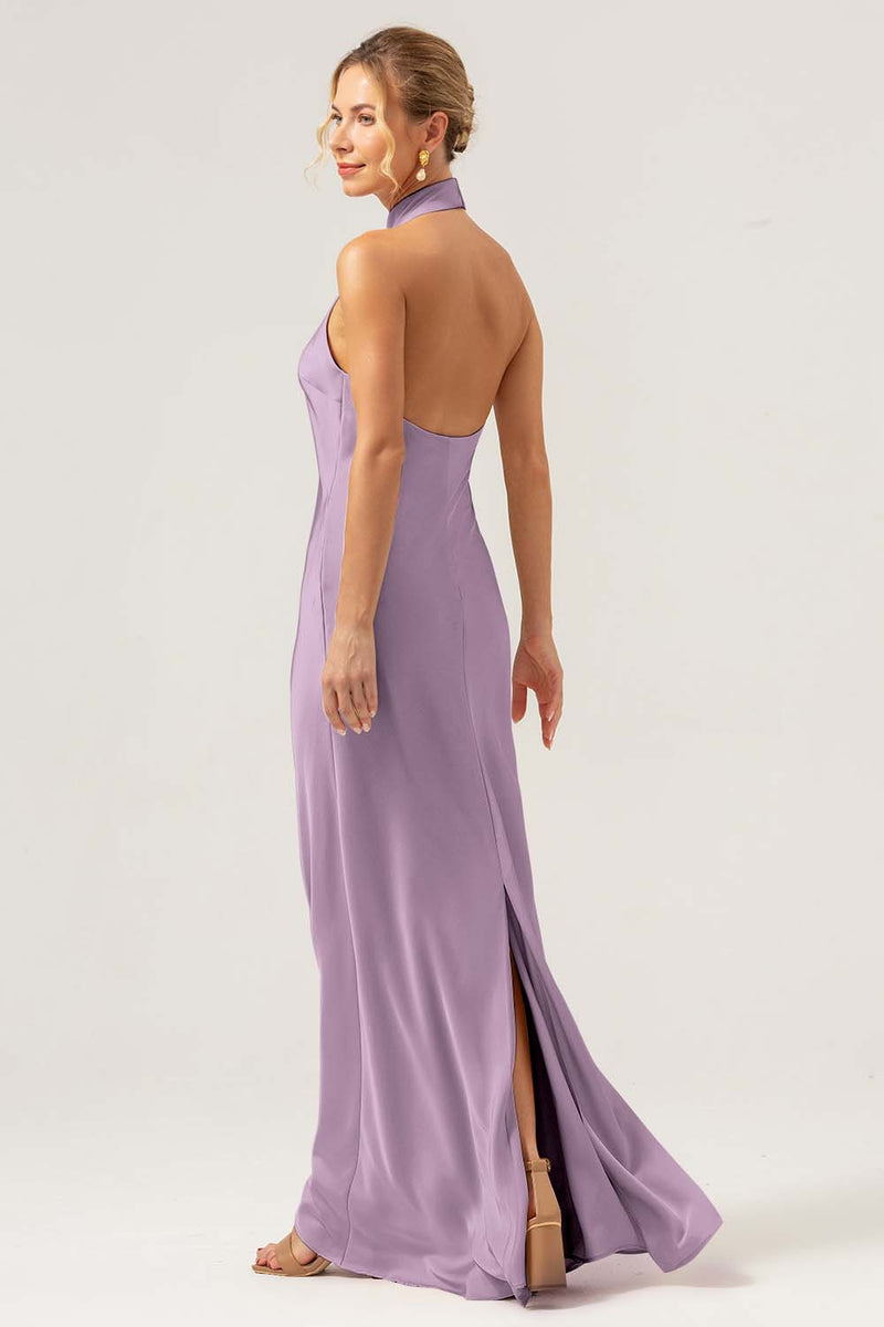 Load image into Gallery viewer, Champagne Sheath Halter Long Bridesmaid Dress With Slit