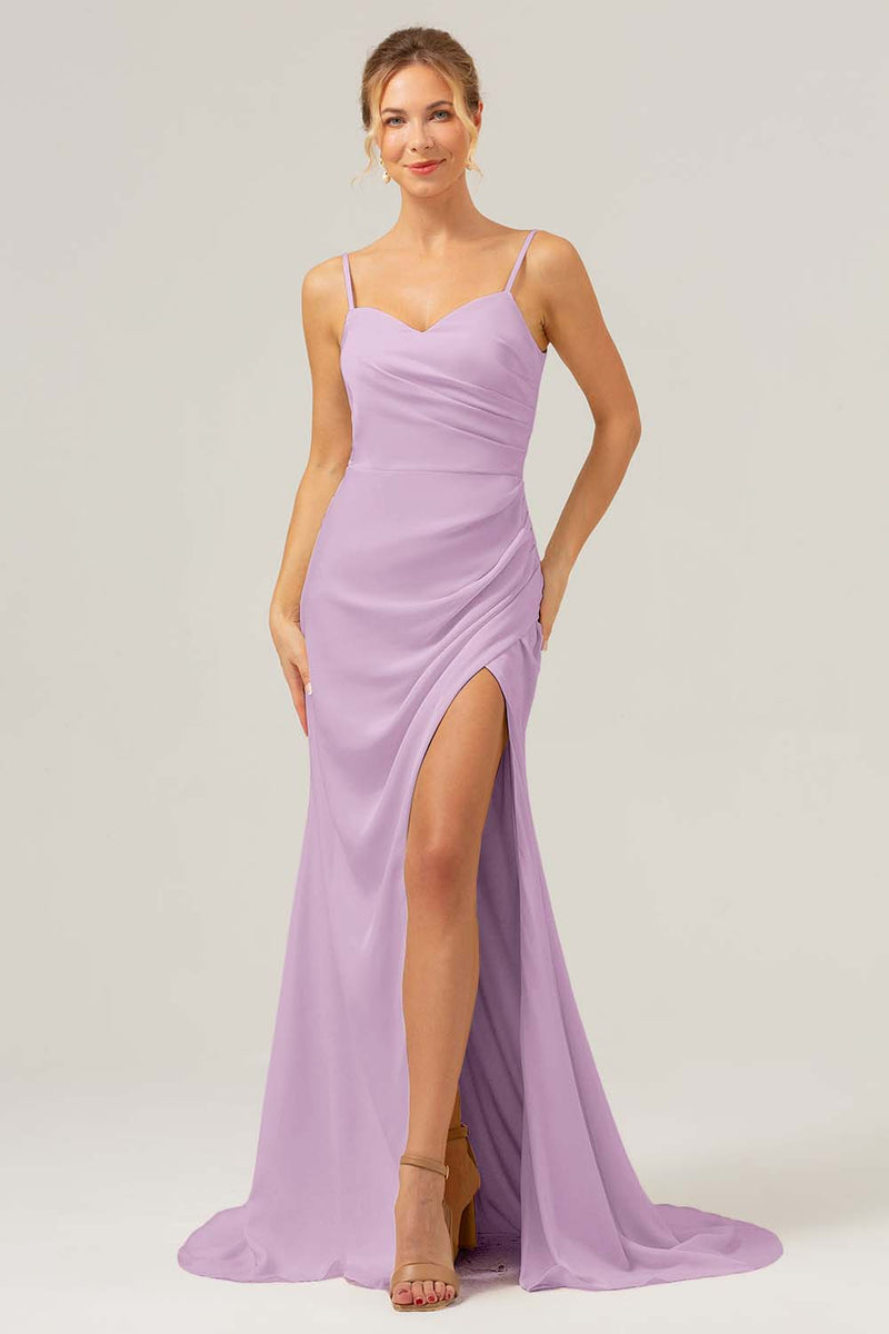 Load image into Gallery viewer, Ivory Sheath Spaghetti Straps Ruched Long Satin Bridesmaid Dress With Slit