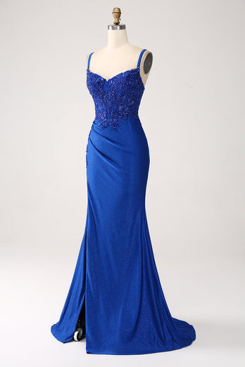 Glitter Royal Blue Mermaid Spaghetti Straps Long Prom Dress with Appliques