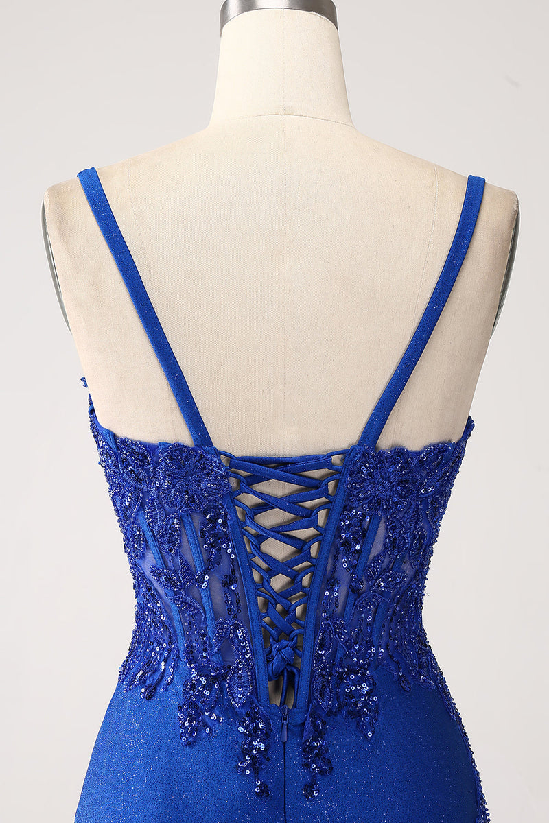 Load image into Gallery viewer, Glitter Royal Blue Mermaid Spaghetti Straps Long Prom Dress with Appliques