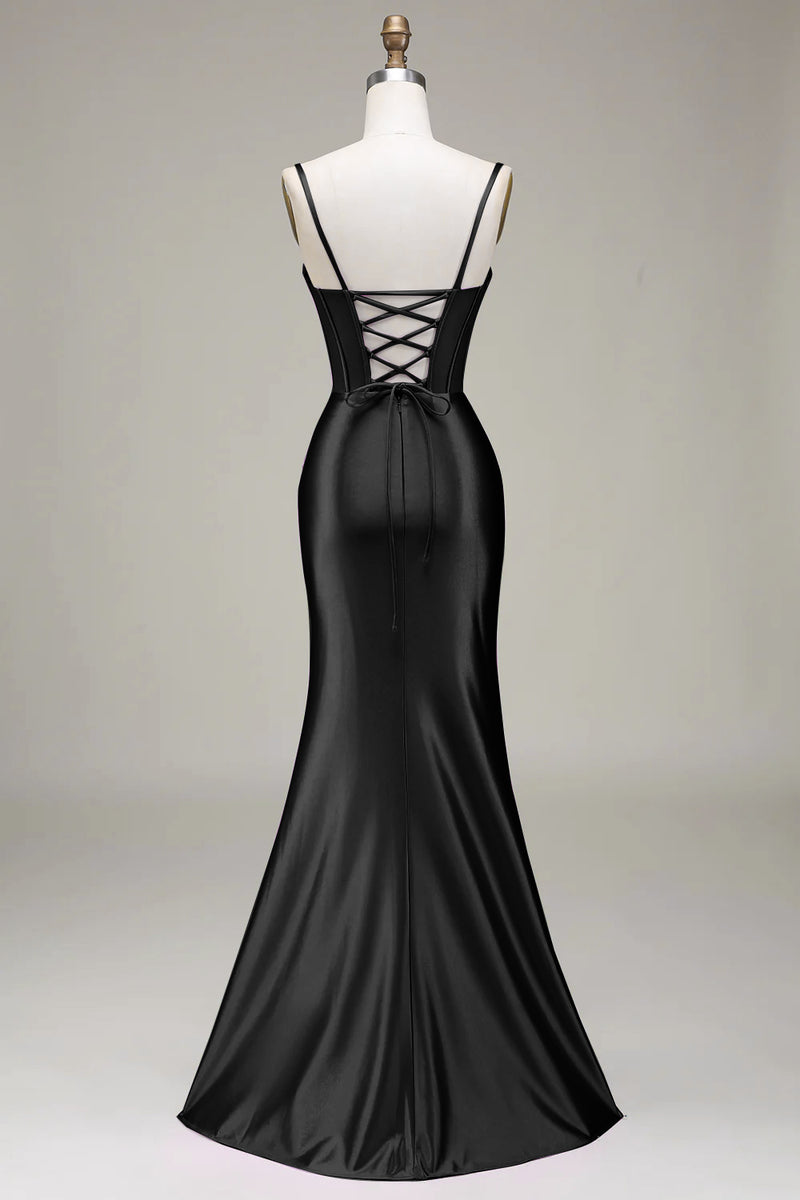 Load image into Gallery viewer, Dark Green Satin Spaghetti Straps Corset Prom Dress with Slit