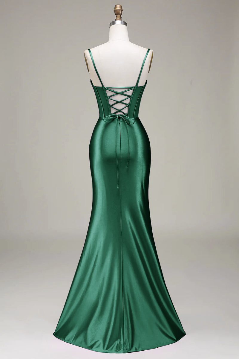Load image into Gallery viewer, Dark Green Satin Spaghetti Straps Corset Prom Dress with Slit