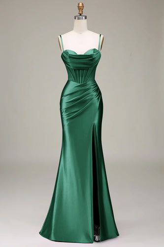 Dark Green Satin Spaghetti Straps Corset Prom Dress with Slit