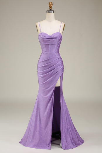Sparkly Satin Spaghetti Straps Lilac Corset Prom Dress