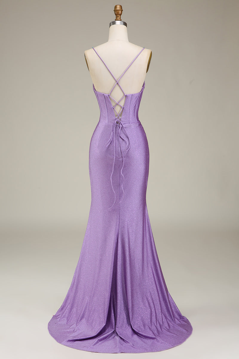 Load image into Gallery viewer, Sparkly Satin Spaghetti Straps Lilac Corset Prom Dress