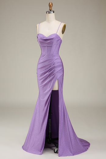 Sparkly Satin Spaghetti Straps Lilac Corset Prom Dress