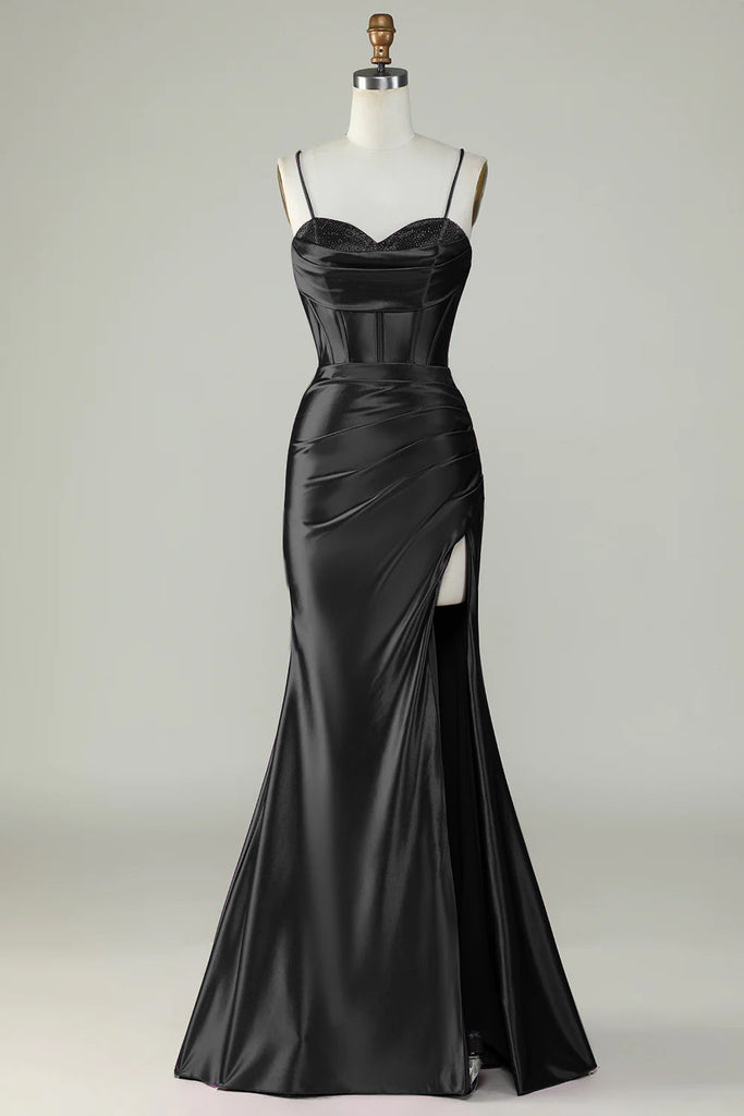 Vintage Mermaid Spaghetti Straps Navy Blue Satin Long Prom Dresses Party Dress main image 0