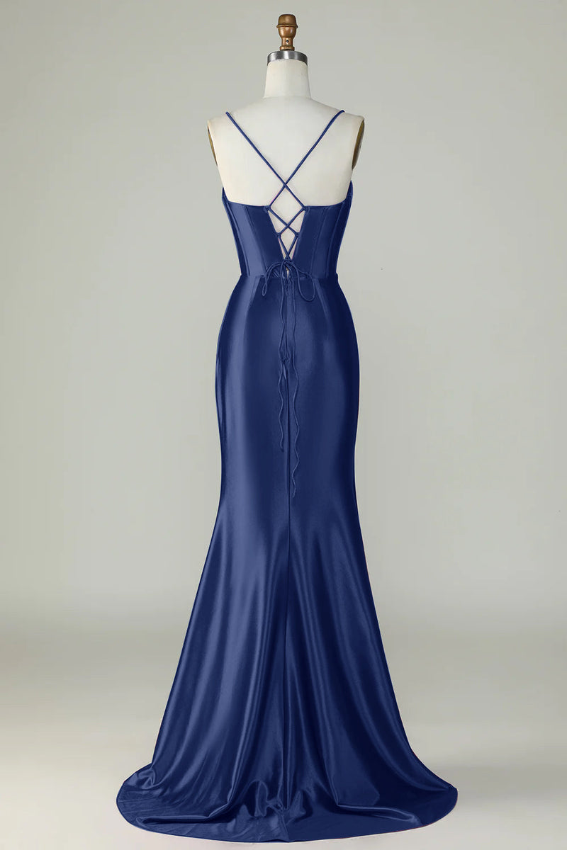 Load image into Gallery viewer, Navy Spaghetti Straps Mermaid Long Prom Dress With Slit