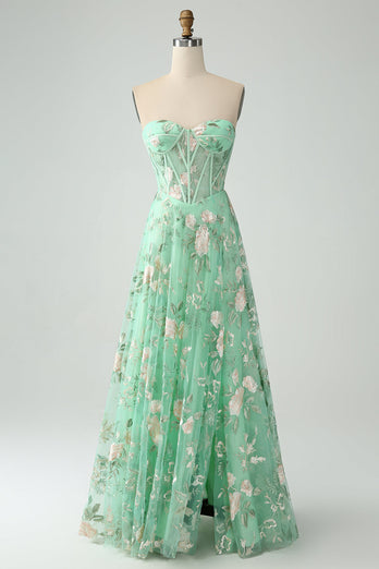 Light Green A-Line Strapless Corset Prom Dress with Embroider