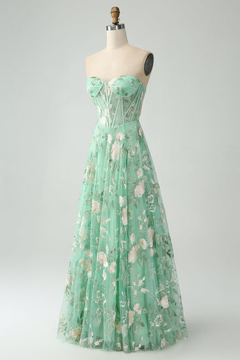 Light Green A-Line Strapless Corset Prom Dress with Embroider