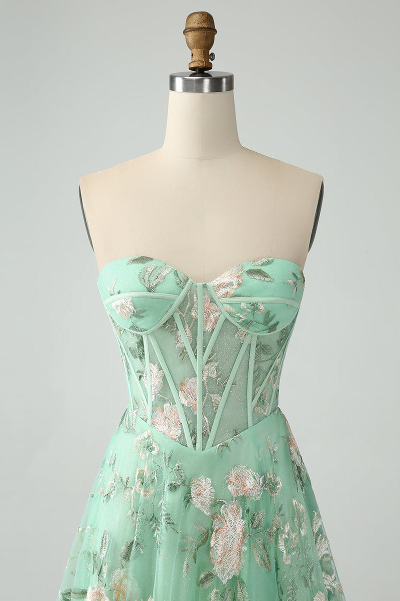 Load image into Gallery viewer, Light Green A-Line Strapless Corset Prom Dress with Embroider