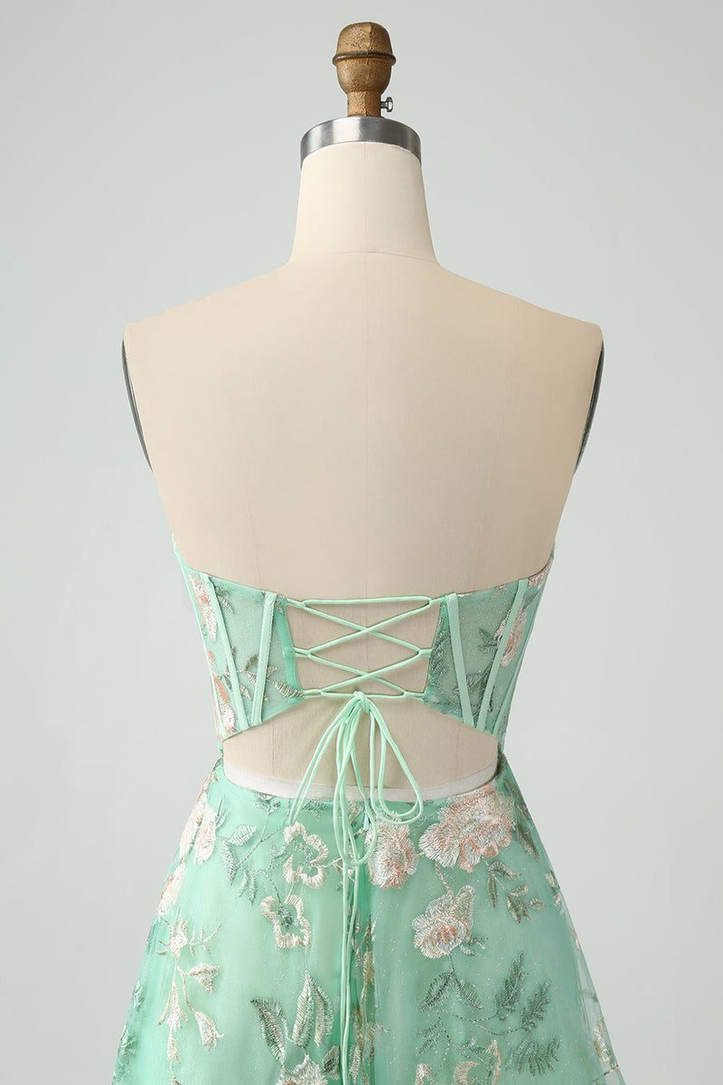 Load image into Gallery viewer, Light Green A-Line Strapless Corset Prom Dress with Embroider