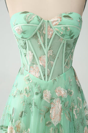 Green A Line Strapless Printed Corset Prom Dress with Slit