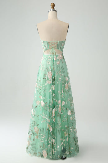 Light Green A-Line Strapless Corset Prom Dress with Embroider