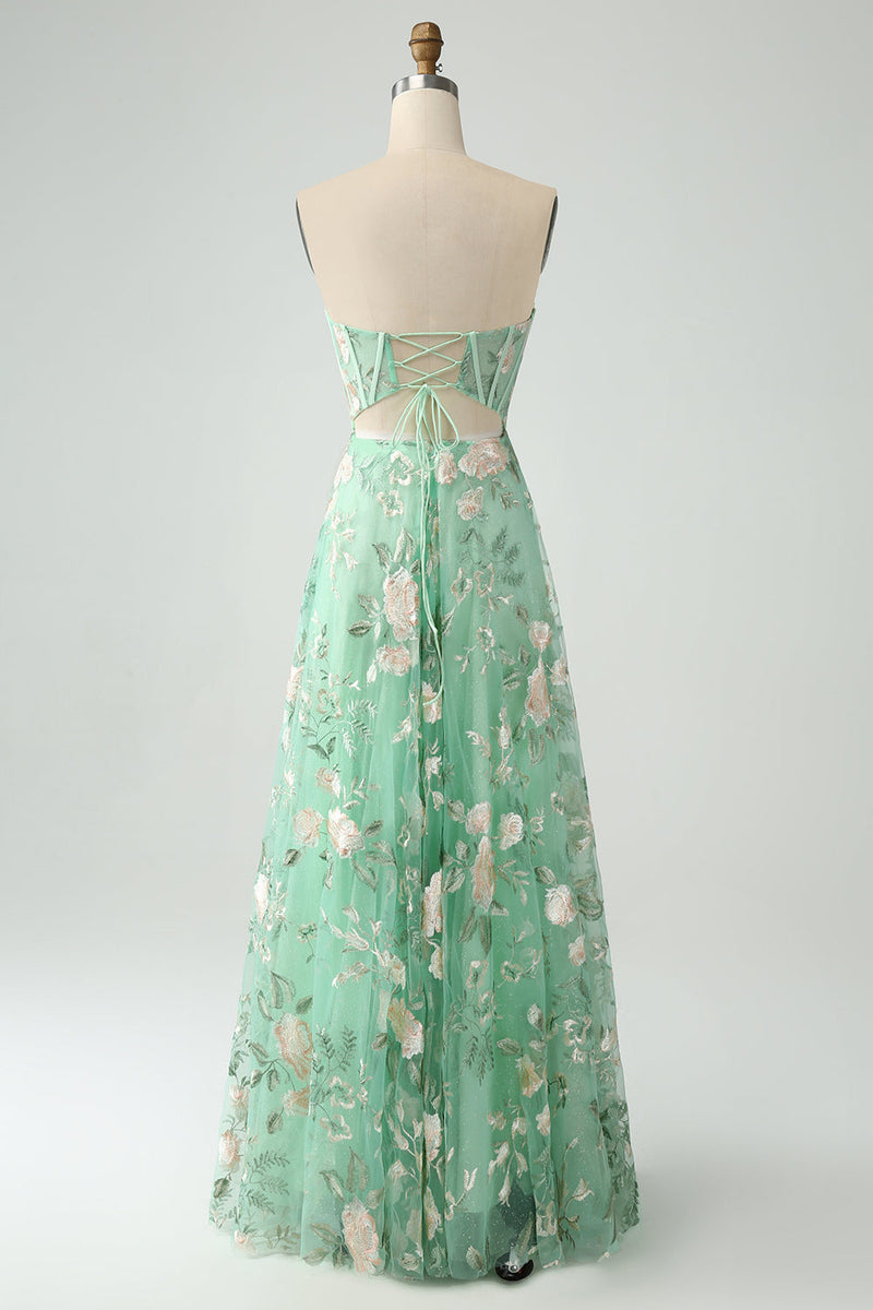 Load image into Gallery viewer, Light Green A-Line Strapless Corset Prom Dress with Embroider