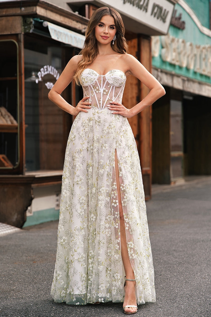 Load image into Gallery viewer, Light Green A-Line Strapless Corset Prom Dress with Embroider