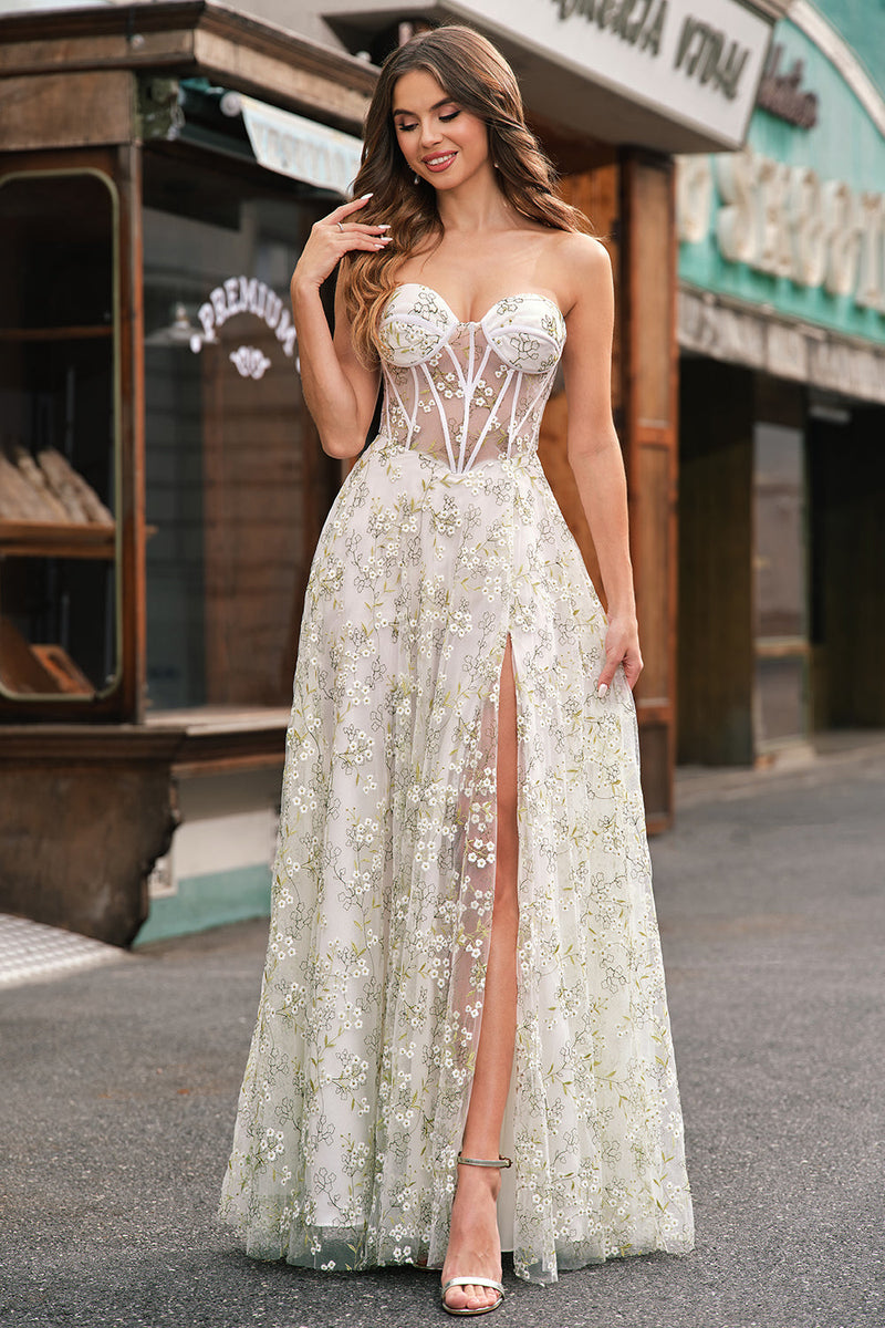 Load image into Gallery viewer, Light Green A-Line Strapless Corset Prom Dress with Embroider