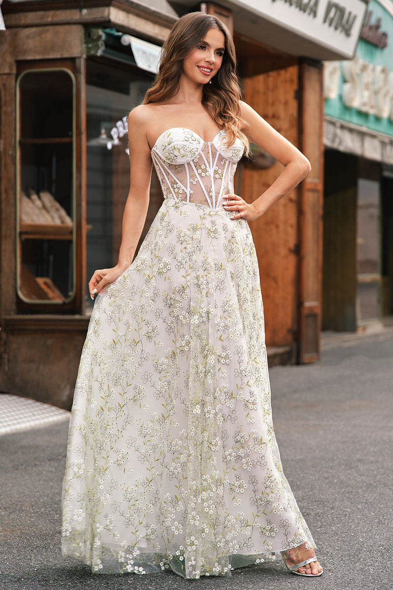 Load image into Gallery viewer, Light Green A-Line Strapless Corset Prom Dress with Embroider