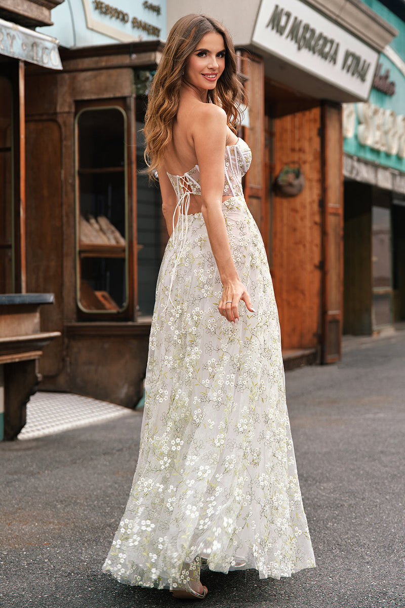 Load image into Gallery viewer, Light Green A-Line Strapless Corset Prom Dress with Embroider