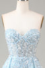 Load image into Gallery viewer, Corset Blue Strapless A Line Prom Dress with Slit