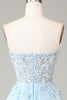 Load image into Gallery viewer, Corset Blue Strapless A Line Prom Dress with Slit