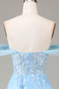 Load image into Gallery viewer, Off the Shoulder Blue A Line Princess Corset Prom Dress with Slit