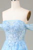 Load image into Gallery viewer, Off the Shoulder Blue A Line Princess Corset Prom Dress with Slit