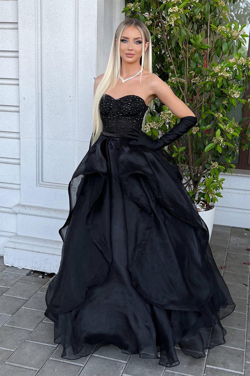 Load image into Gallery viewer, Princess A Line Sweetheart Black Strapless Ball Gown Formal Evening Dress