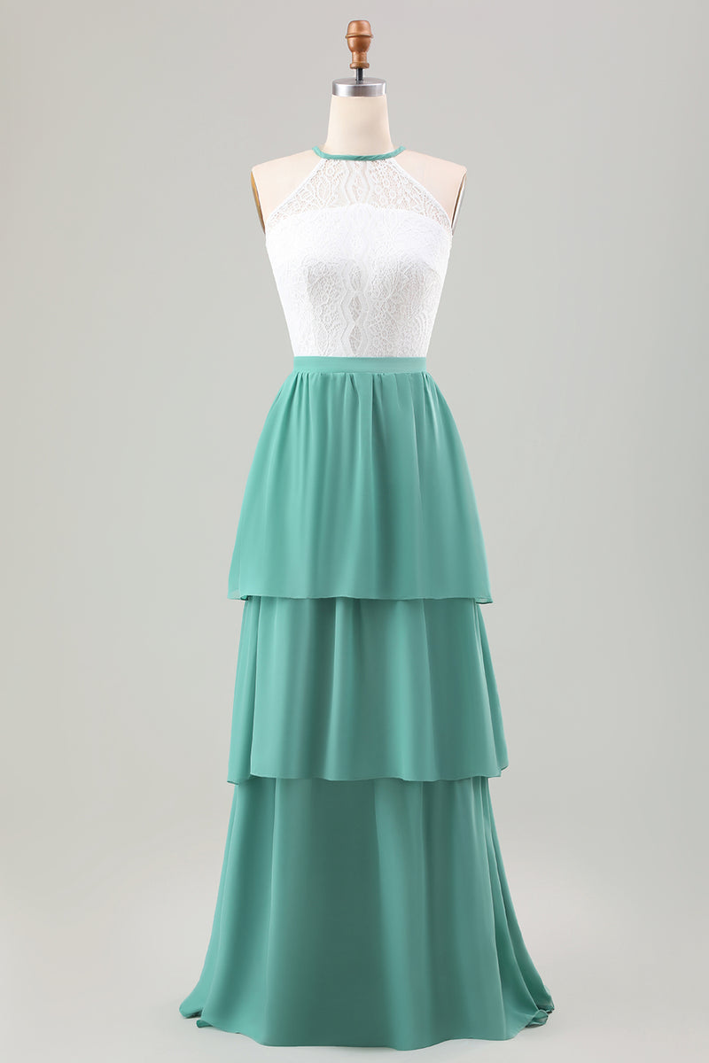 Load image into Gallery viewer, Eucalyptus A Line Tiered Ruffled Long Bridesmaid Dress With Lace