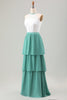 Load image into Gallery viewer, Eucalyptus A Line Tiered Ruffled Long Bridesmaid Dress With Lace