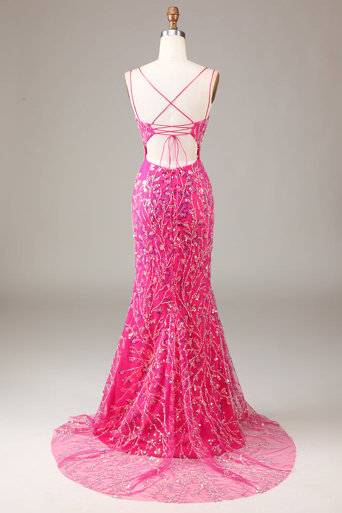 Gorgeous Mermaid Scoop Neck Pink Sequins Slit Prom Dresses with Beading