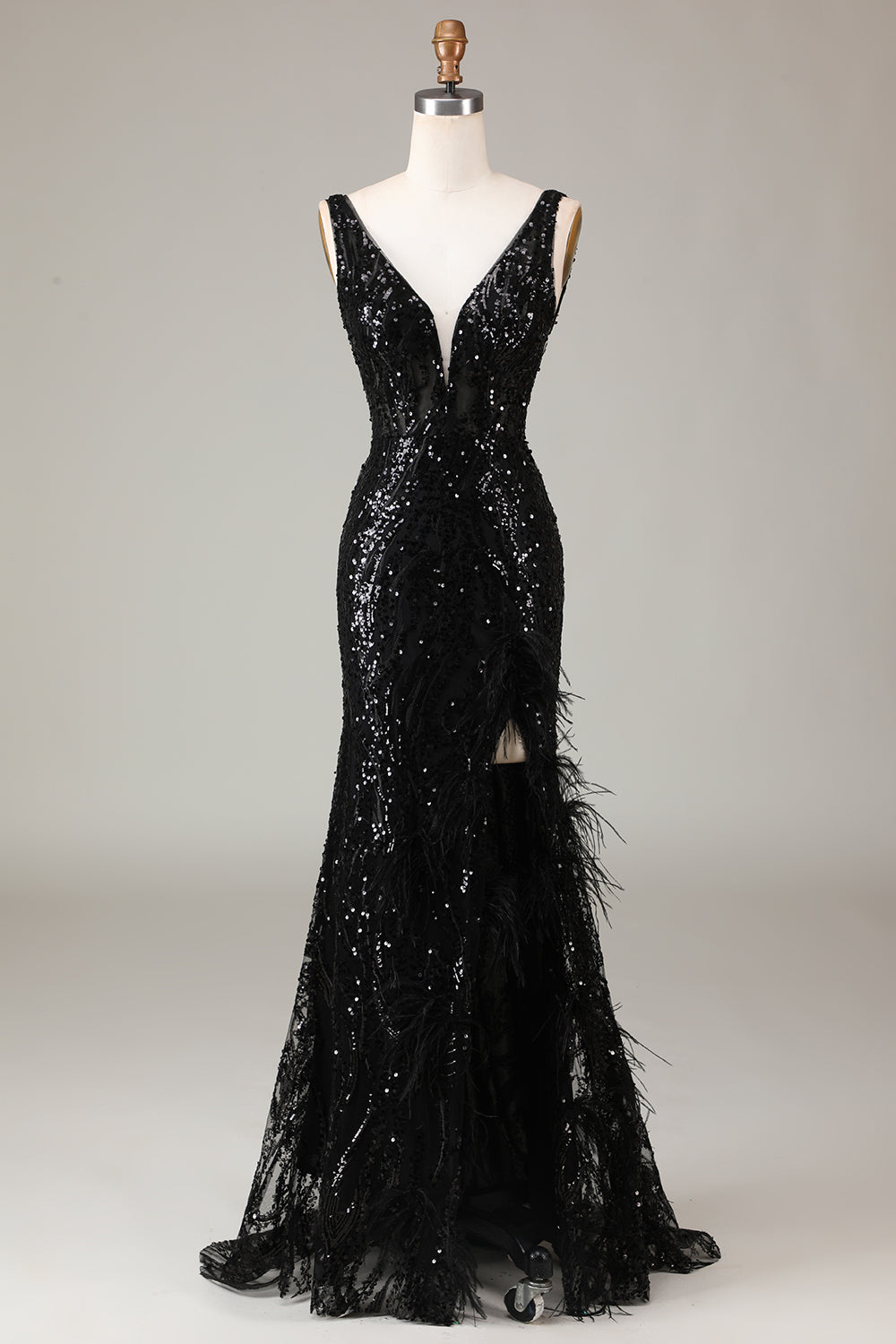 Black Sparkly Depp V-neck Mermaid Prom Dress with Feathers