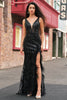 Load image into Gallery viewer, Sparkly Black Depp V-neck Mermaid Long Prom Dress with Feathers