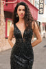 Load image into Gallery viewer, Sparkly Black Depp V-neck Mermaid Long Prom Dress with Feathers