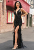 Load image into Gallery viewer, Sparkly Black Depp V-neck Mermaid Long Prom Dress with Feathers